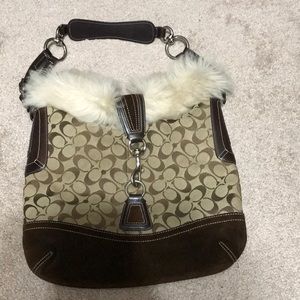 COACH Signature Faux Fur Trim /Suede Leather Purse